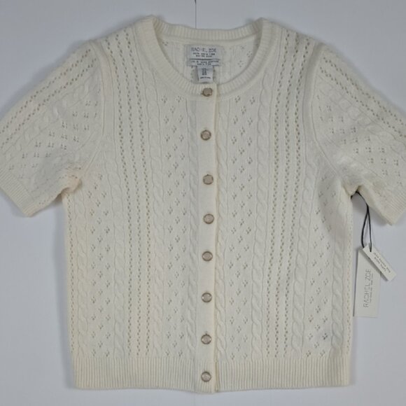 NWT RACHEL ZOE Women's Ivory Merino Wool Short Sleeve Pointelle Cardigan Size M - Picture 4 of 14